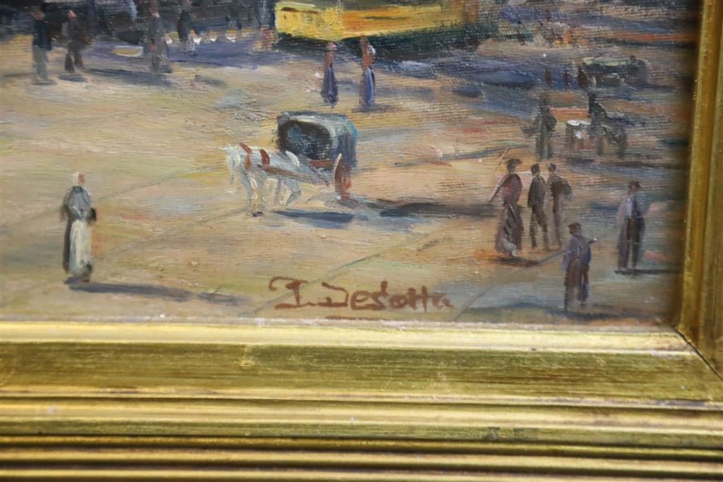 J. Desotta, oil on board, Figures beside the docks, a city beyond, signed, 49 x 60cm